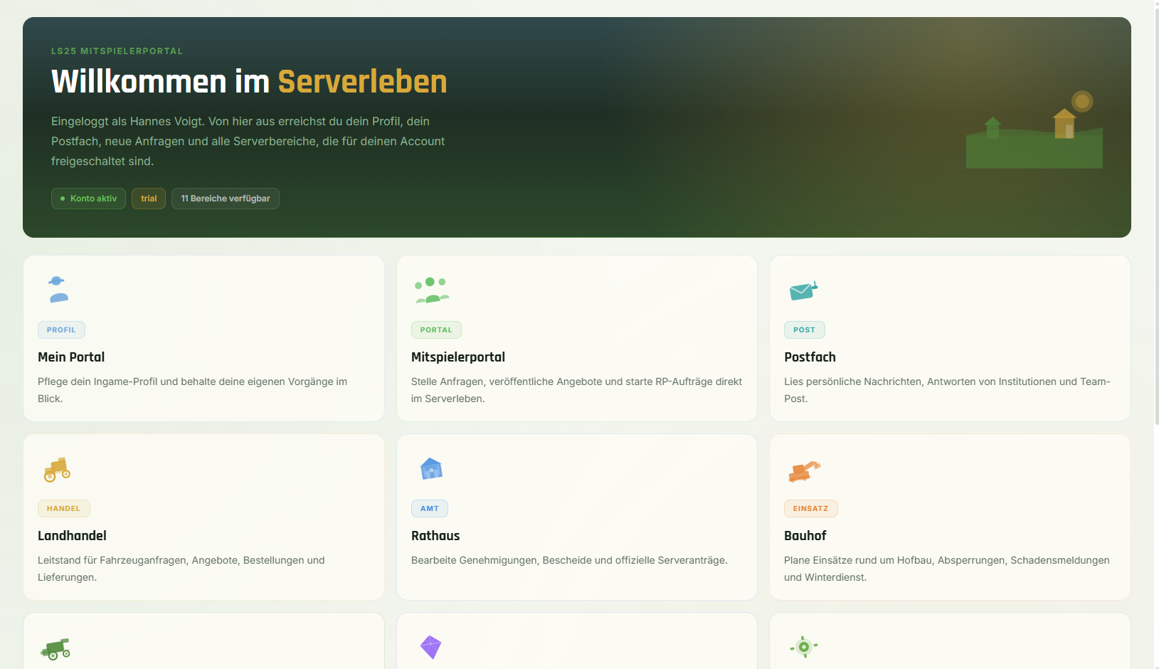 Doppelklick für Vollbild AgrarDesk Dashboard: Uebersicht eines LS25-Rollenspielservers mit Modulen, Antraegen und Postfach